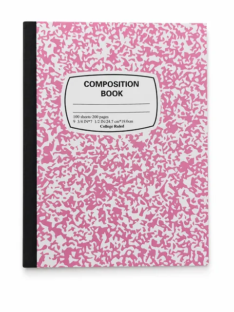 Pink marble composition notebook with a black bound spine, Case 22
