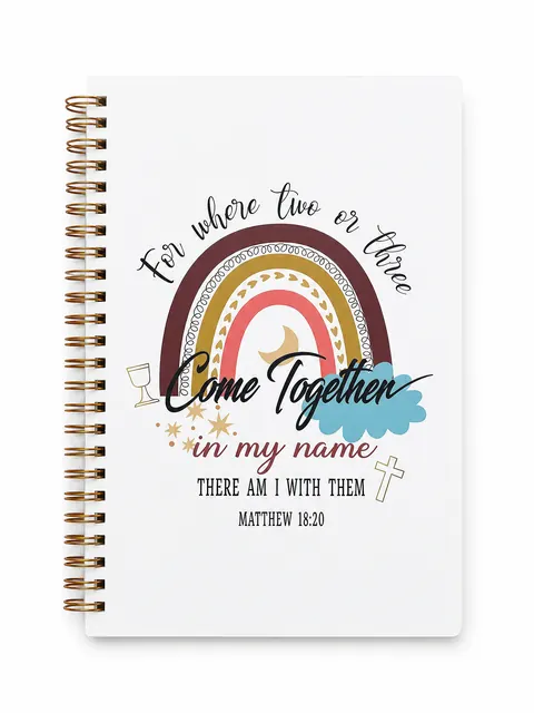 White spiral notebook with printed rainbow artwork, Case 23