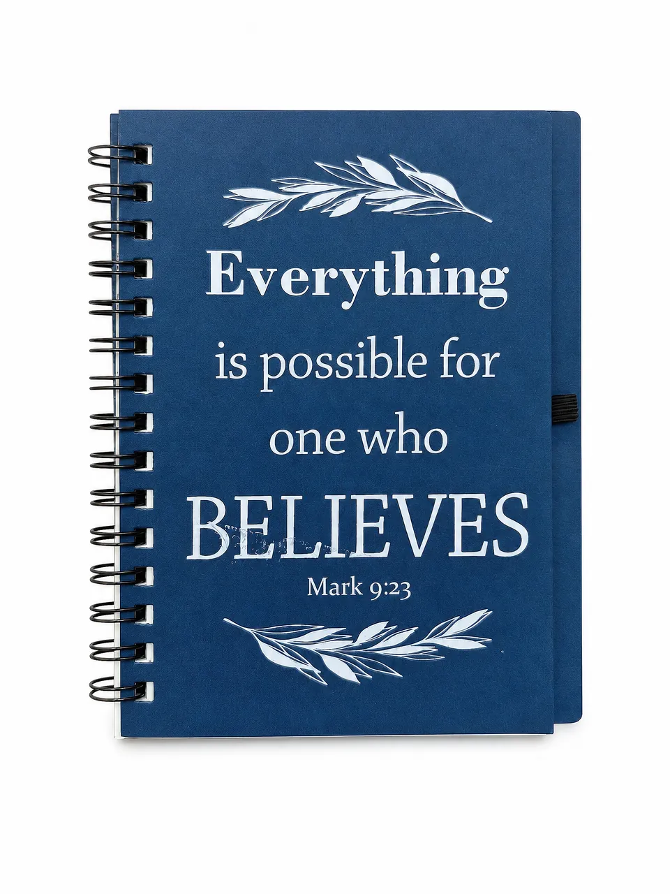 Blue Faith-Inspired Spiral Notebook with Snap Tab and Ruled Pages — notebook sample reference