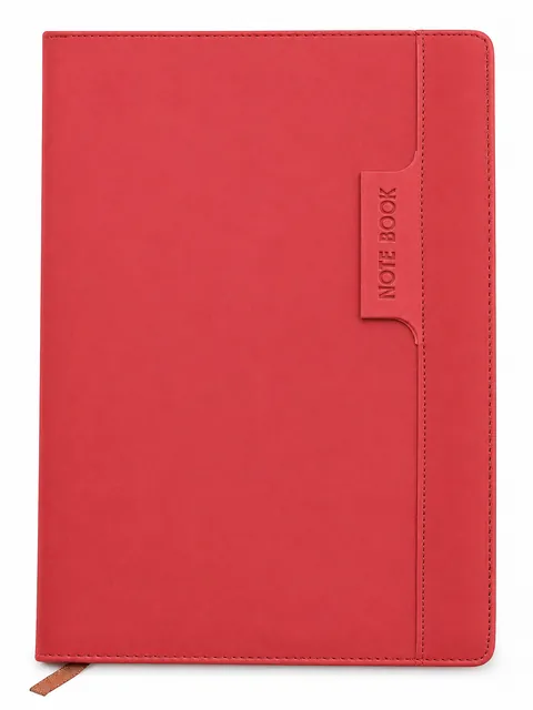 Case 53 front view: Red Leather-Like Notebook with Stitched Border and Front Strap Detail