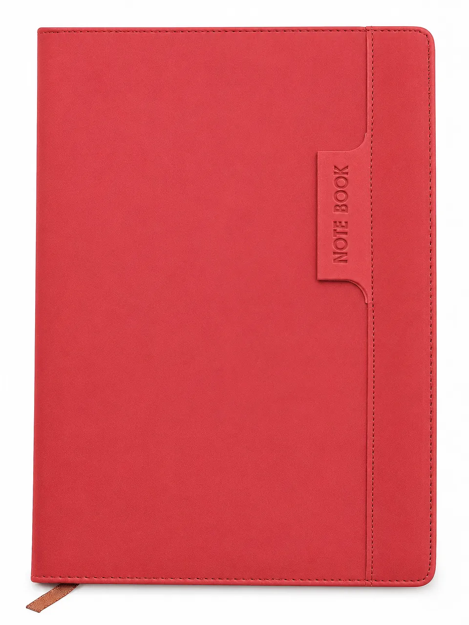 Red Leather-Like Notebook with Stitched Border and Front Strap Detail — notebook sample reference
