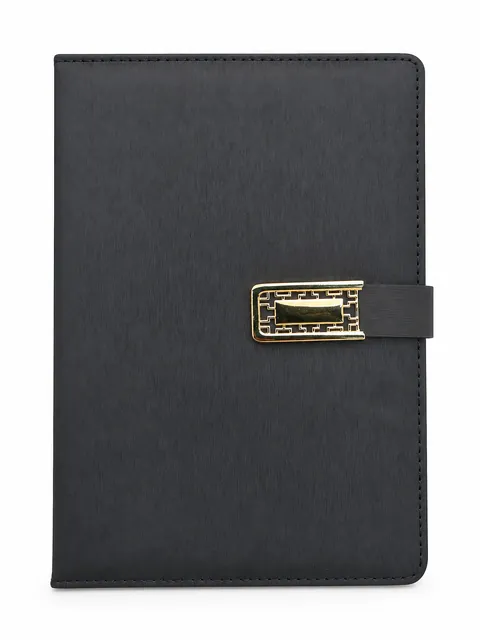Case 57 front view: Black Leather-Like Business Notebook with Metal Clasp