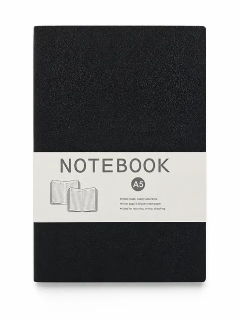 Black A5 Notebook with White Belly Band and Lined Memo Pages, Case 59