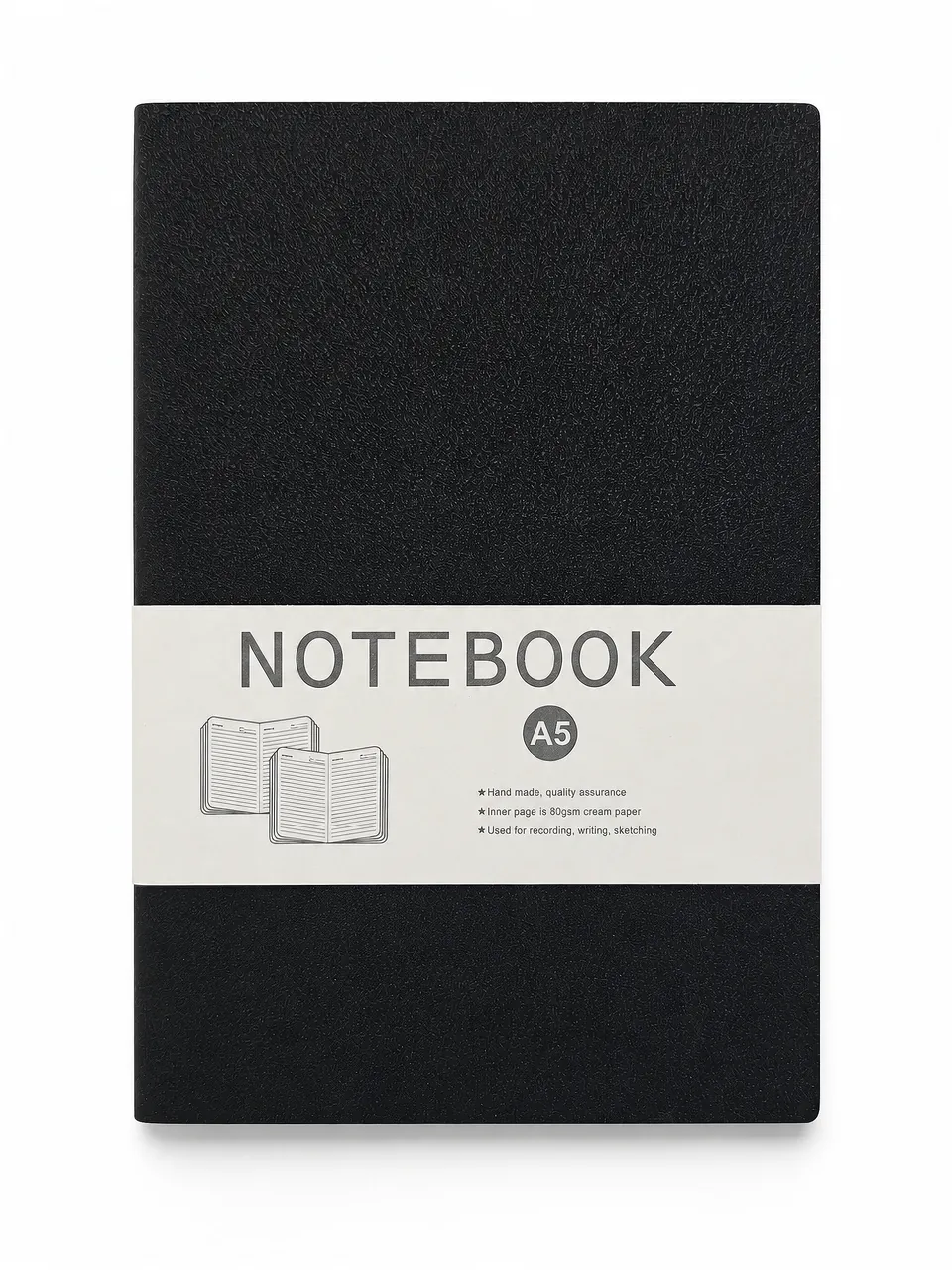 Black A5 Notebook with White Belly Band and Lined Memo Pages — notebook sample reference