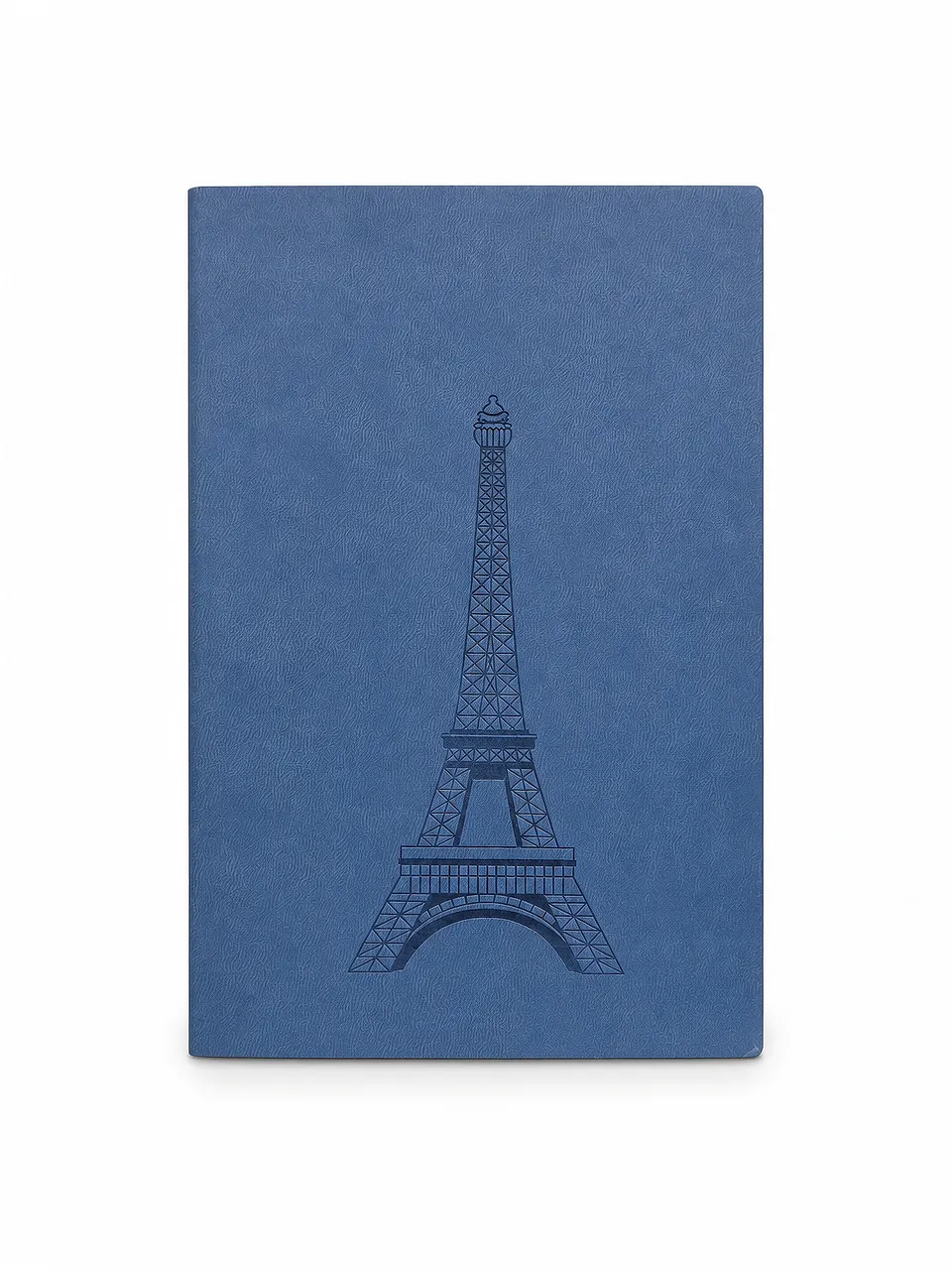 Blue Travel-Themed Softcover Notebook with Eiffel Tower Line Artwork — notebook sample reference