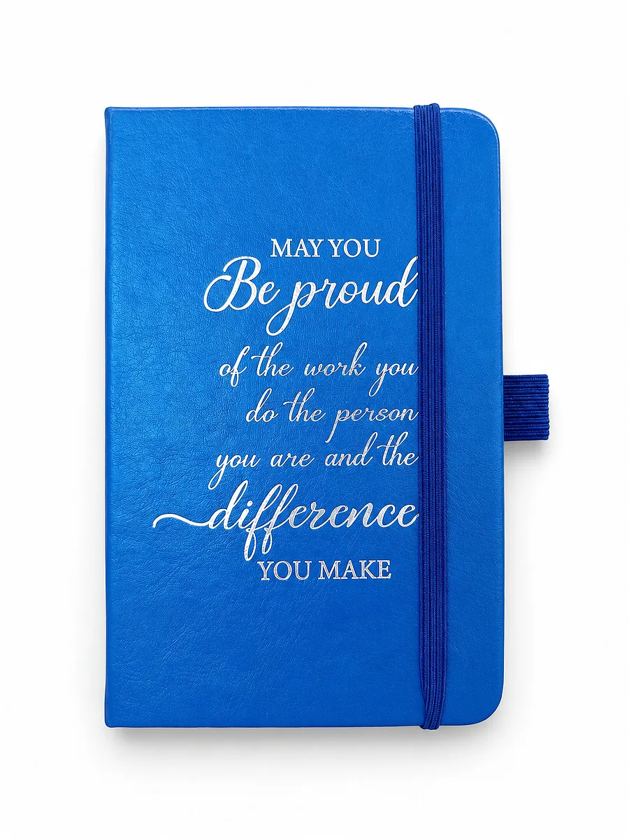 Blue notebook with an elastic closure band and a side pen loop, Case 10