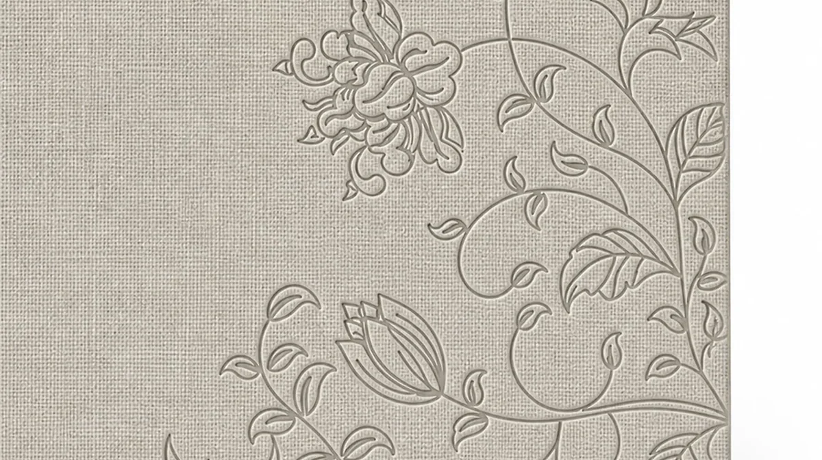 Debossed floral pattern on a beige cover, Case 65