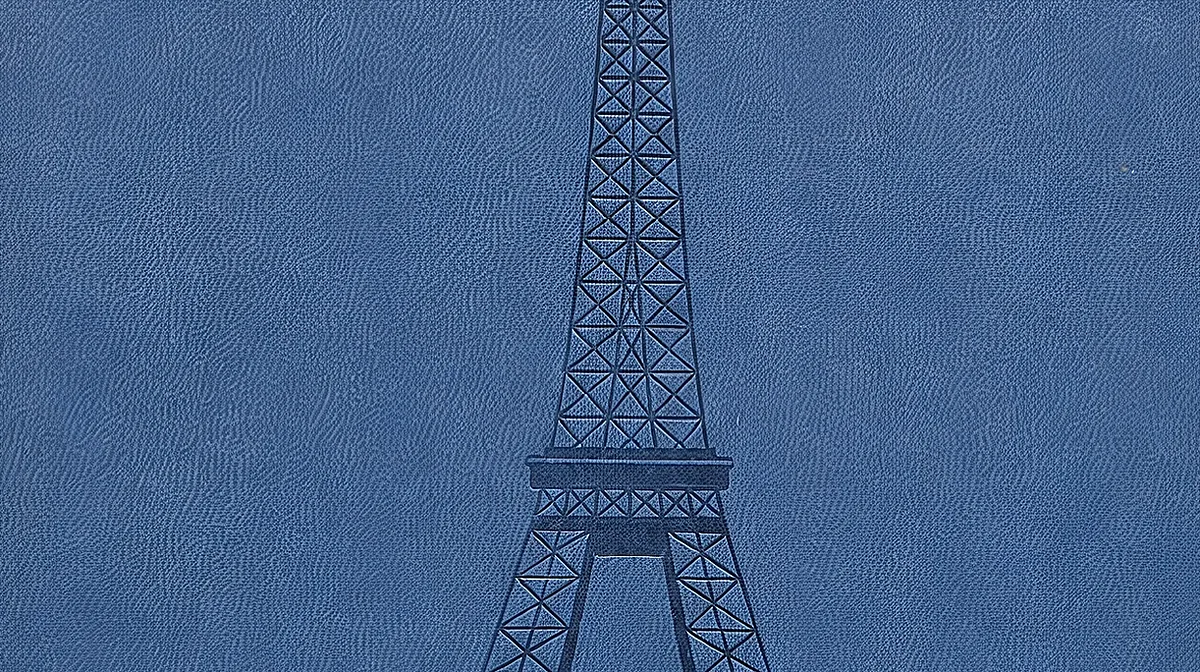 Debossed Eiffel Tower line artwork on a blue cover, Case 64