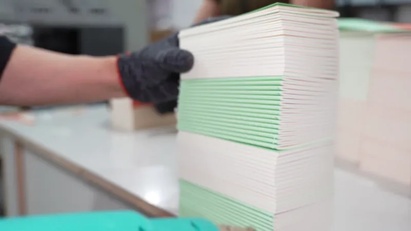 Operator aligning notebook stacks by hand