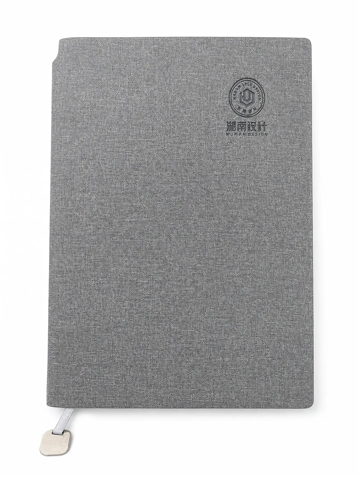 Gray Fabric Notebook with Metal Charm front view
